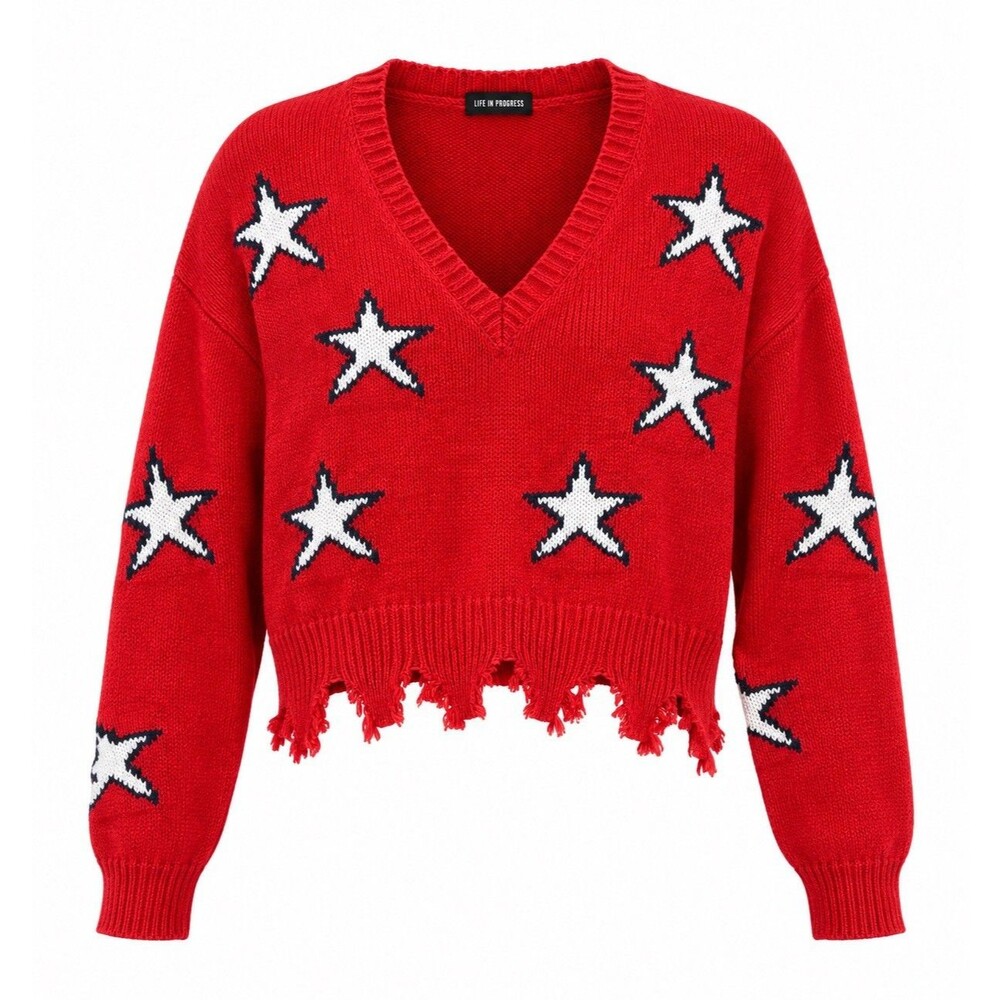 Blank Paige Star Shark Bite Sweater Sz M/L Cotton Red White & Blue v-neck NWOT